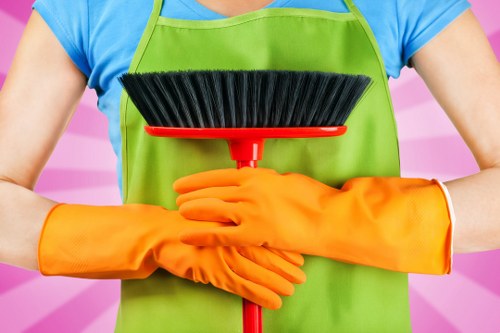 House cleaning professionals scrubbing a bathroom sink and mirrors